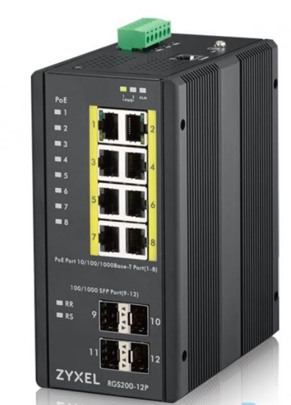 Switch  1G 12p (8x100M/1G RJ45 PoE+4x1G SFP) DIN RGS200-12P ZyXEL [15776]